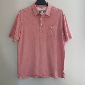 Tommy Bahama Relax Polo Shirt Medium Red Striped Short Sleeve 100% Cotton